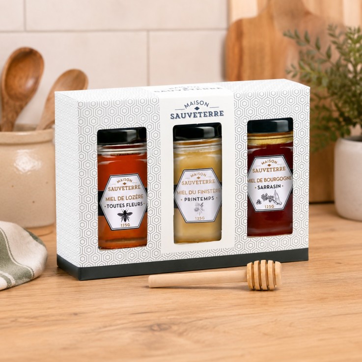 Coffret cadeau 3 miels de France et cuillère à miel (3x125g)