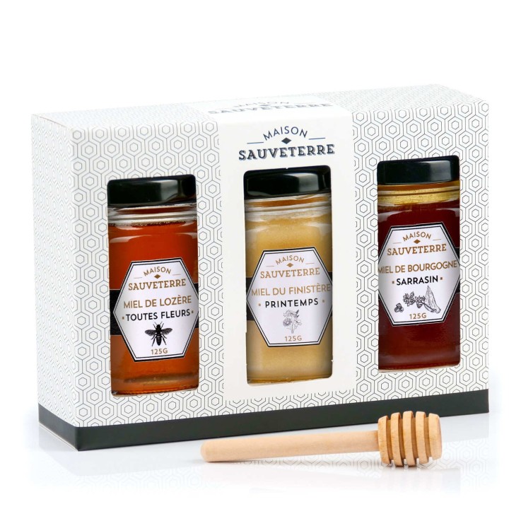 Coffret cadeau 3 miels de France et cuillère à miel (3x125g)