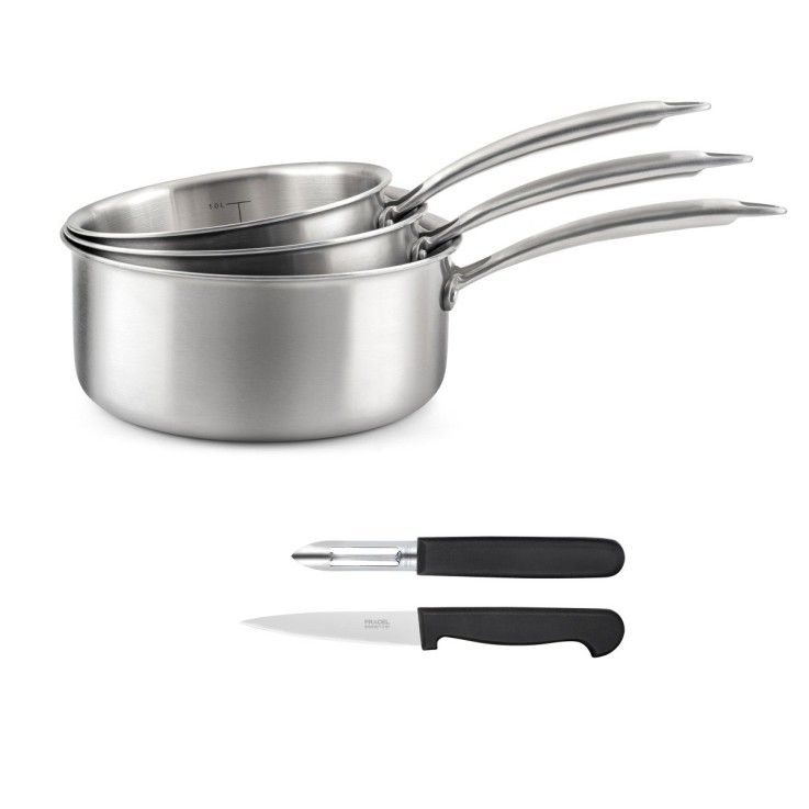 Set 3 casseroles 16/18/20cm inox, 1 éplucheur et 1 couteau office