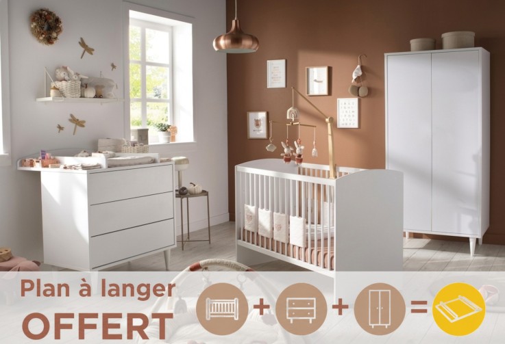 Chambre bébé 3 pièces Milann, Lit bébé 120x60, Commode à langer et armoire 2 portes