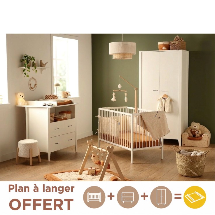 Chambre bébé 3 pièces Angèle, Lit bébé 120x60 à barreaux, Commode à langer, armoire 2 portes