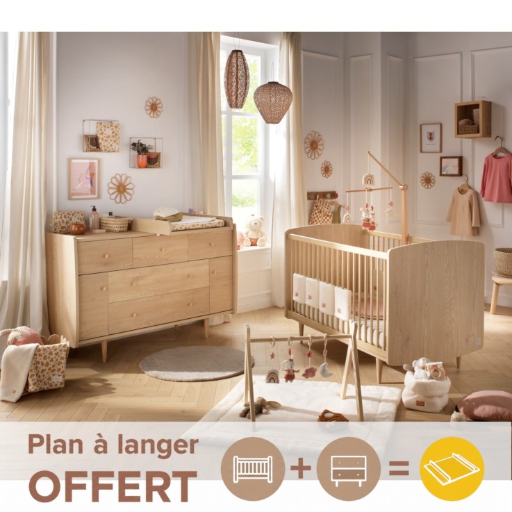 Chambre bébé évolutive My Love, Lit 140x70 évolutif et Commode à langer - Chêne Vintage