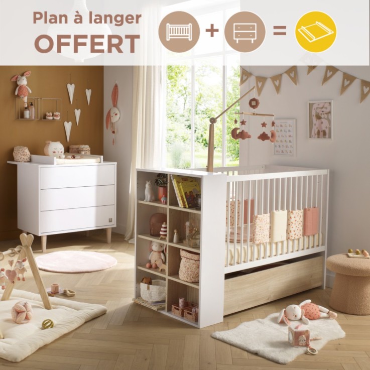 Chambre bébé Paloma : Lit évolutif et Commode à langer 3 tiroirs