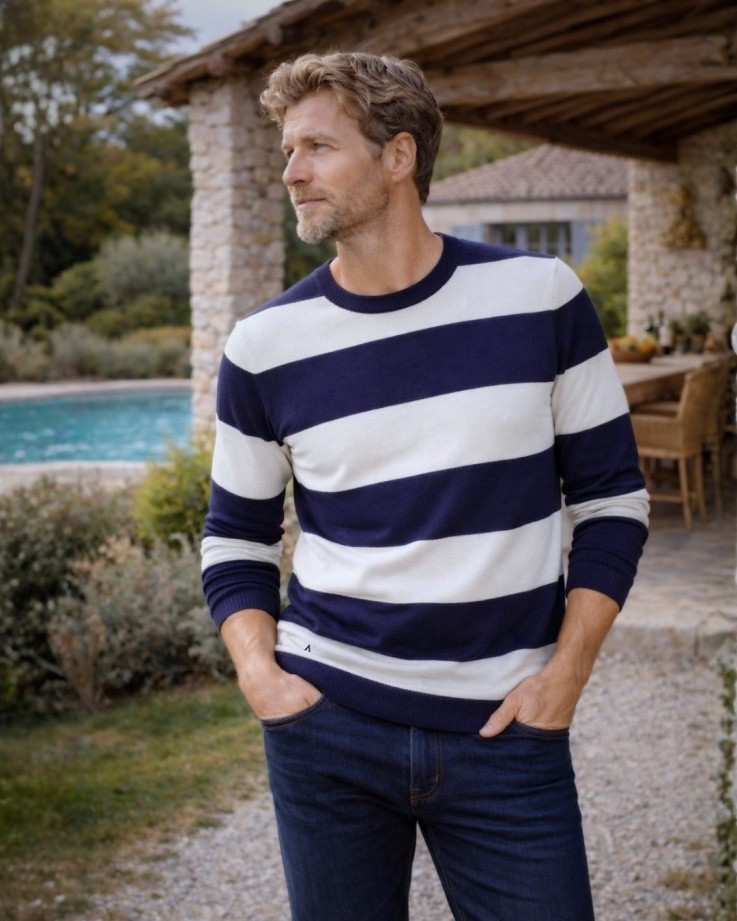 Pull Georges Coton Bio Bleu marine rayé blanc
