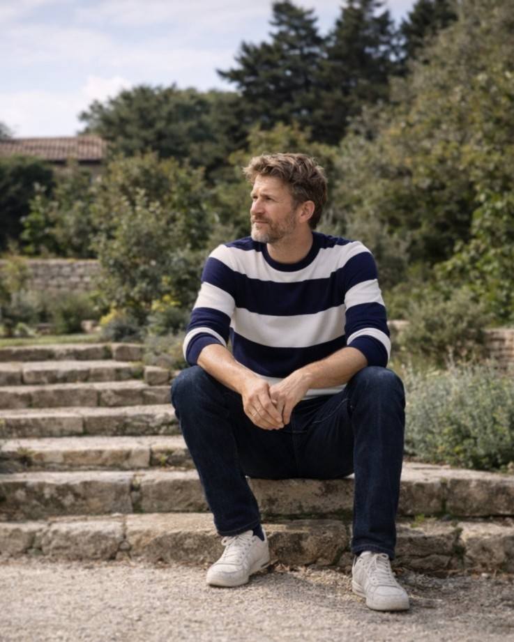 Pull Georges Coton Bio Bleu marine rayé blanc