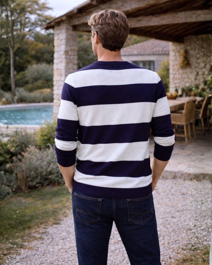 Pull Georges Coton Bio Bleu marine rayé blanc