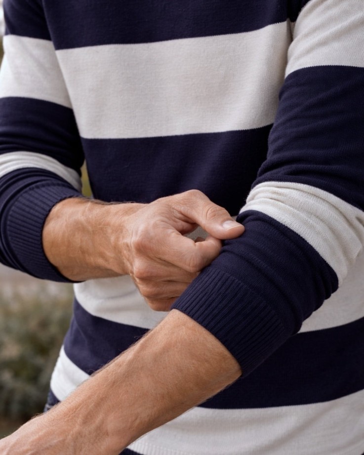 Pull Georges Coton Bio Bleu marine rayé blanc