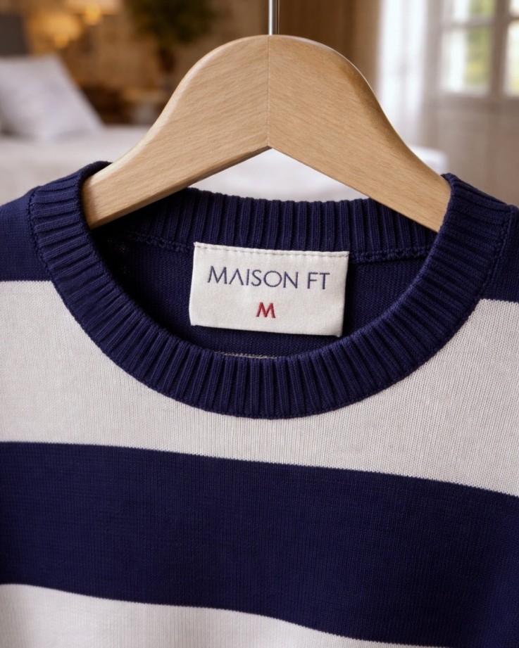 Pull Georges Coton Bio Bleu marine rayé blanc