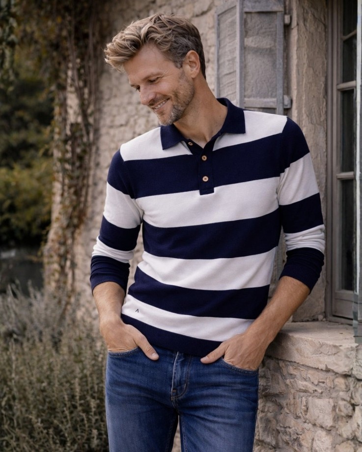 Pull René Coton Bio Bleu marine rayé blanc