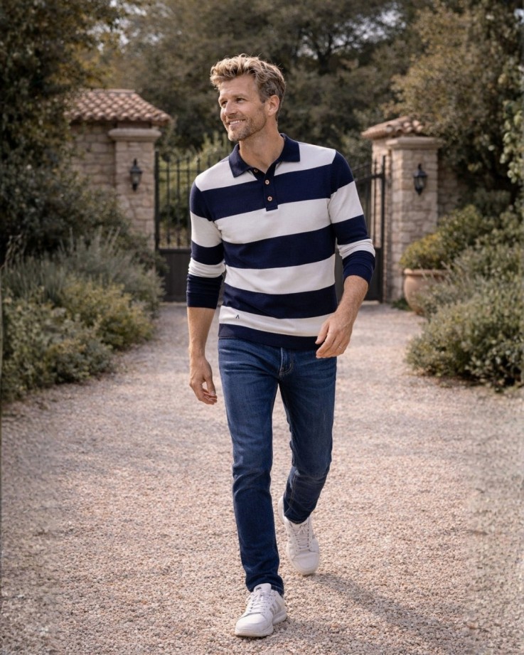 Pull René Coton Bio Bleu marine rayé blanc