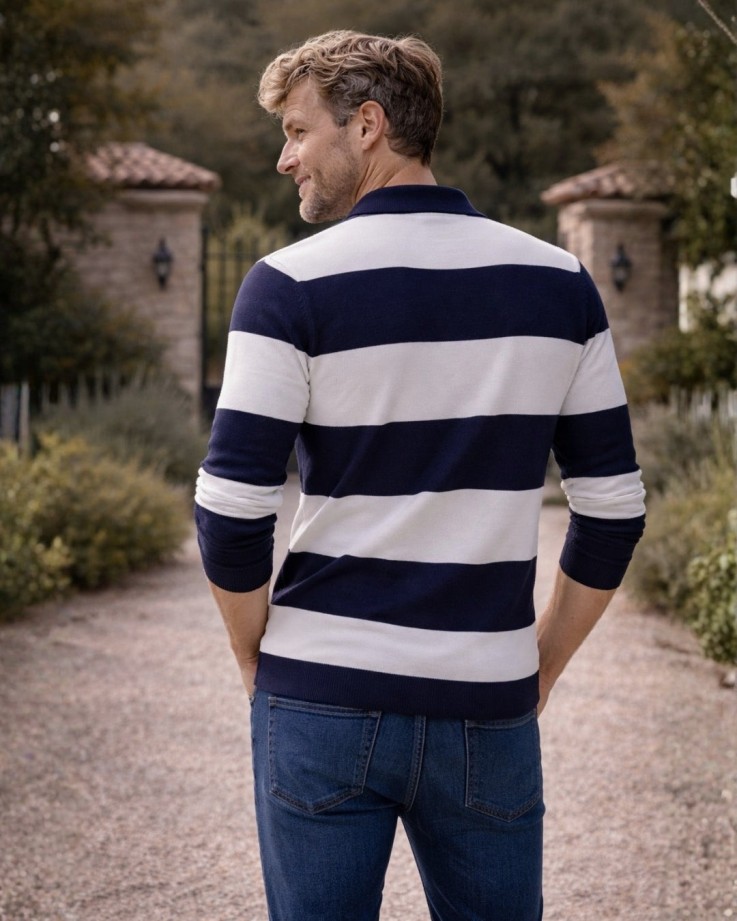 Pull René Coton Bio Bleu marine rayé blanc