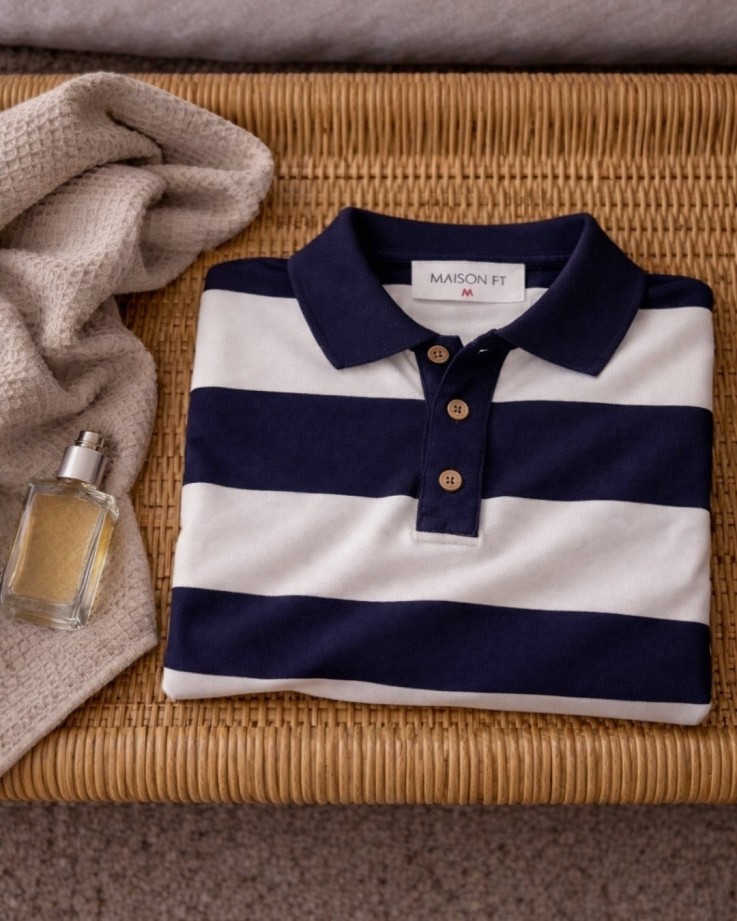 Pull René Coton Bio Bleu marine rayé blanc