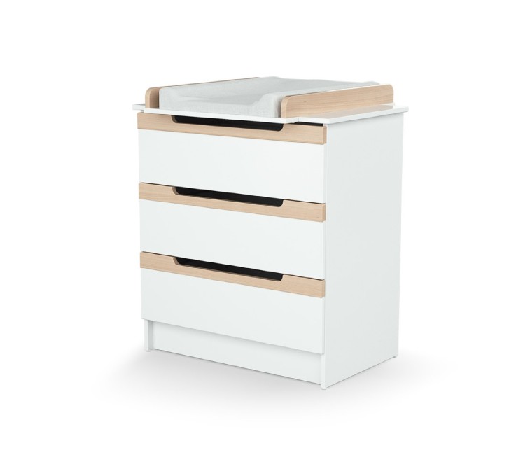 Commode à langer 3 tiroirs en bois CARROUSEL Blanc et Hêtre Verni