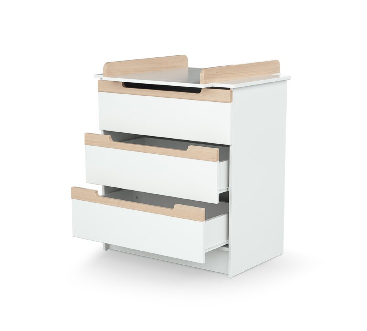 Commode à langer 3 tiroirs en bois CARROUSEL Blanc et Hêtre Verni