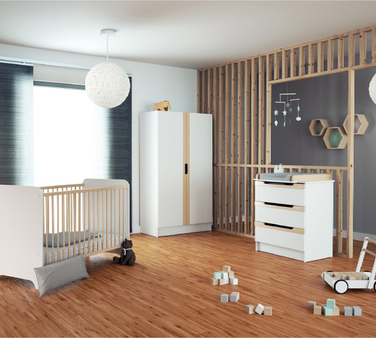 Commode à langer 3 tiroirs en bois CARROUSEL Blanc et Hêtre Verni