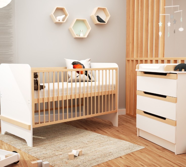 Commode à langer 3 tiroirs en bois CARROUSEL Blanc et Hêtre Verni