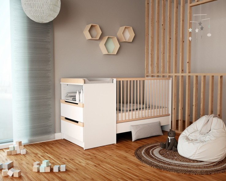 Combiné lit bébé évolutif en bois CARROUSEL Blanc et Hêtre Verni 60 x 120 cm