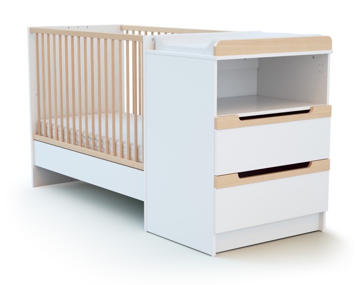 Combiné lit bébé évolutif en bois CARROUSEL Blanc et Hêtre Verni 60 x 120 cm