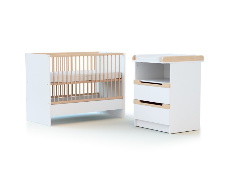 Combiné lit bébé évolutif en bois CARROUSEL Blanc et Hêtre Verni 60 x 120 cm
