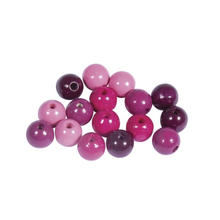 Assort. perles en bois , FSC 100%, 10mm, tons baies, polies, 52 pces