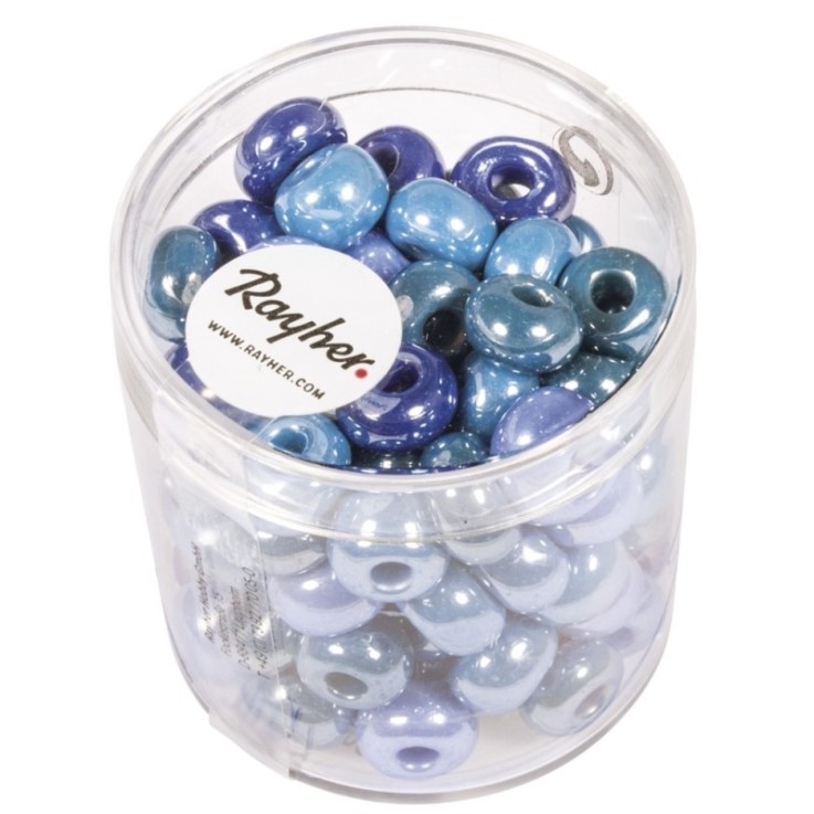 Perle à grand trou en verre, opaque, bleue, turquoise, ø 8,7 mm, boîte 55 g