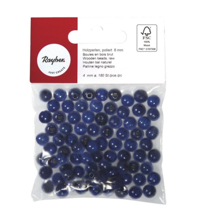 Perles en bois FSC 100%, polies, 8mm 82 pièces , bleu foncé