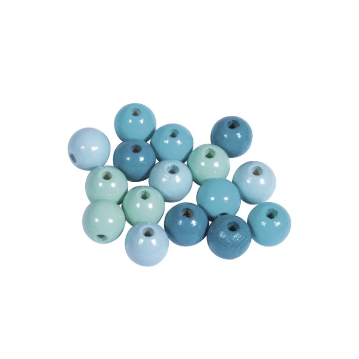 Assort. perles en bois , FSC 100%, 10mm, tons turquoises, polies, 52 pces
