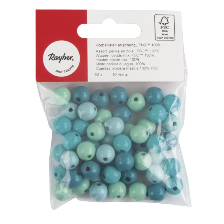 Assort. perles en bois , FSC 100%, 10mm, tons turquoises, polies, 52 pces