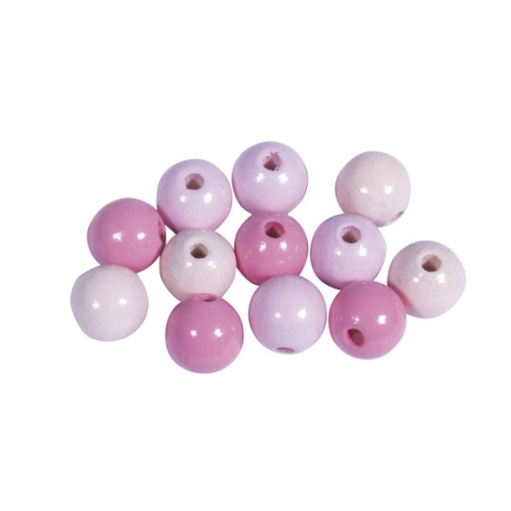 Assort. perles en bois , FSC 100%, 10mm, tons roses , polies, 52 pces