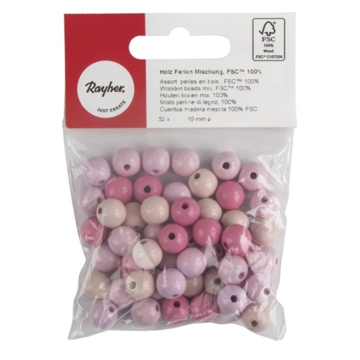 Assort. perles en bois , FSC 100%, 10mm, tons roses , polies, 52 pces