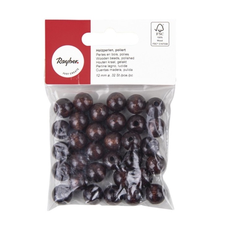 Perles en bois FSC 100%, polies, 12mm 32 pièces , brun foncé