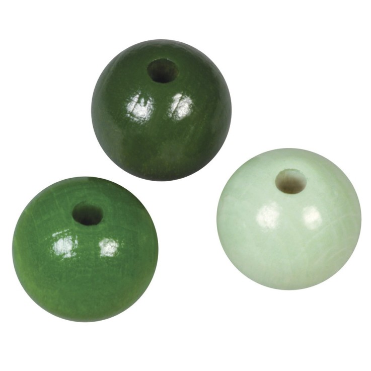Assort. Perles en bois FSC 100%, 10mm ø, tons verts, polies, 52 pièces