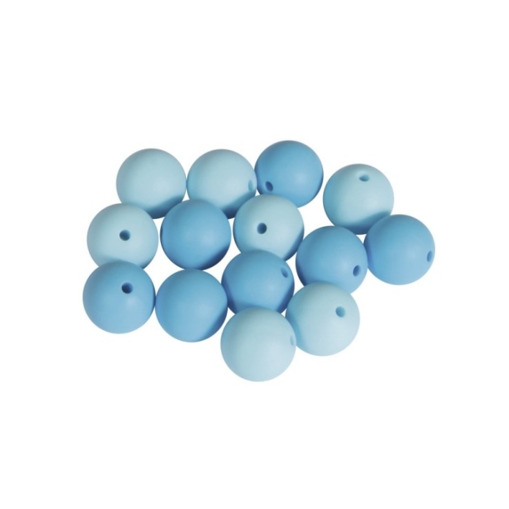 Perles en silicone, 15mm ø, tons bleu clair, 14 pces