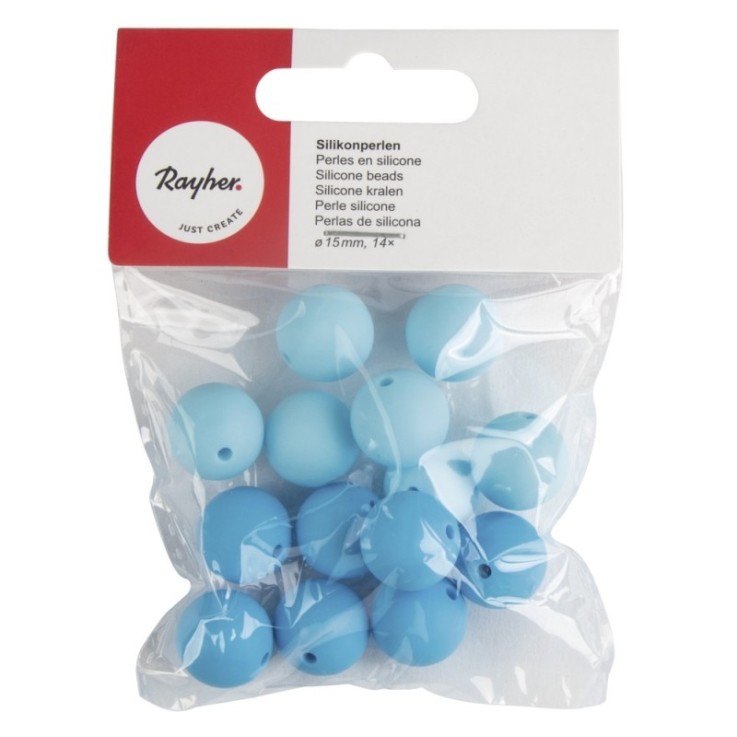 Perles en silicone, 15mm ø, tons bleu clair, 14 pces