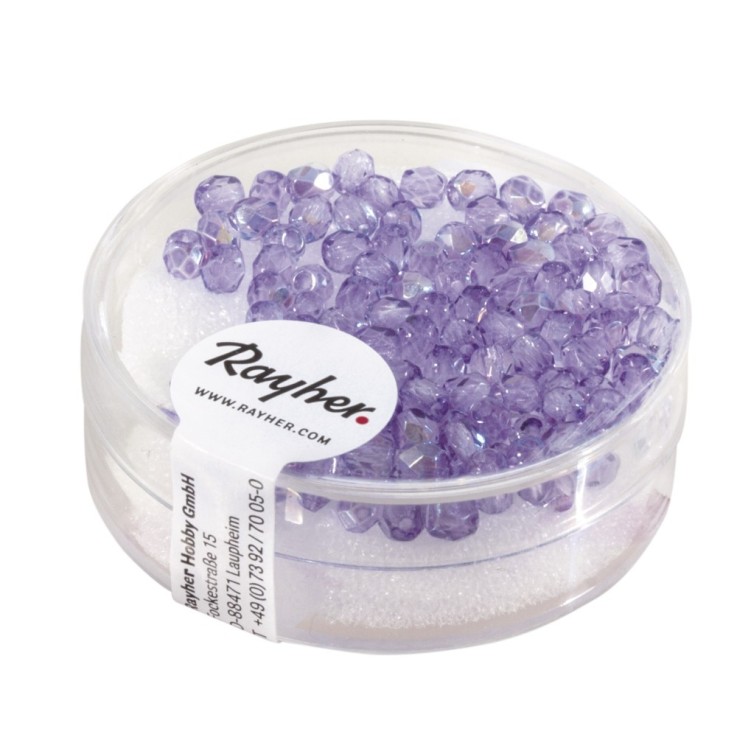 Perle facettée en verre, 3 mm ø, lilas irisée, boîte 100 pièces