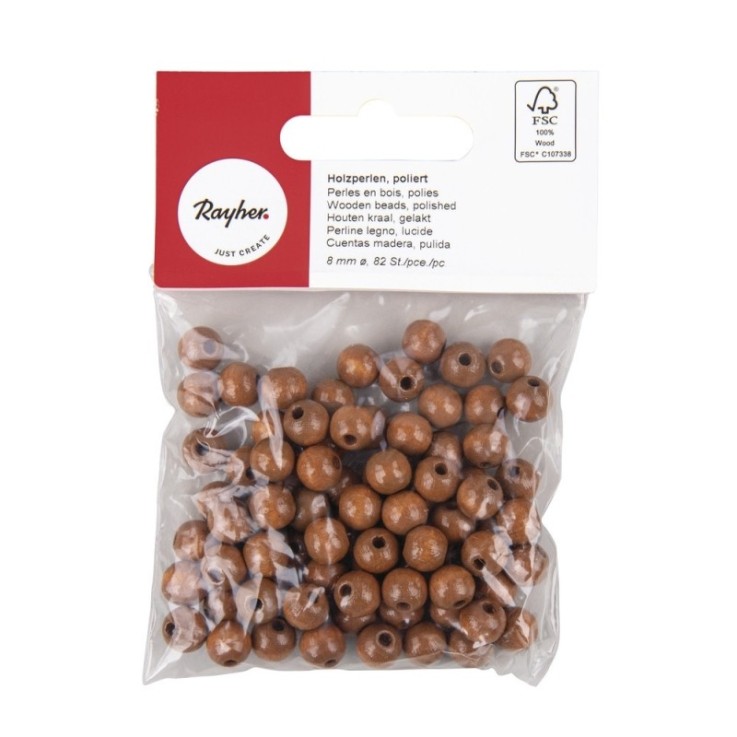 Perles en bois FSC 100%, polies, 8mm 82 pièces , brun moyen