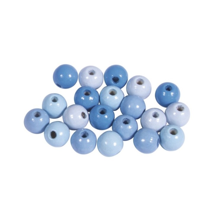 Assort. perles en bois , FSC 100%, 8mm , tons bleu clair, polies, 84 pces