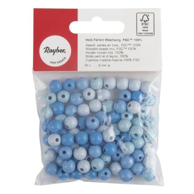 Assort. perles en bois , FSC 100%, 8mm , tons bleu clair, polies, 84 pces