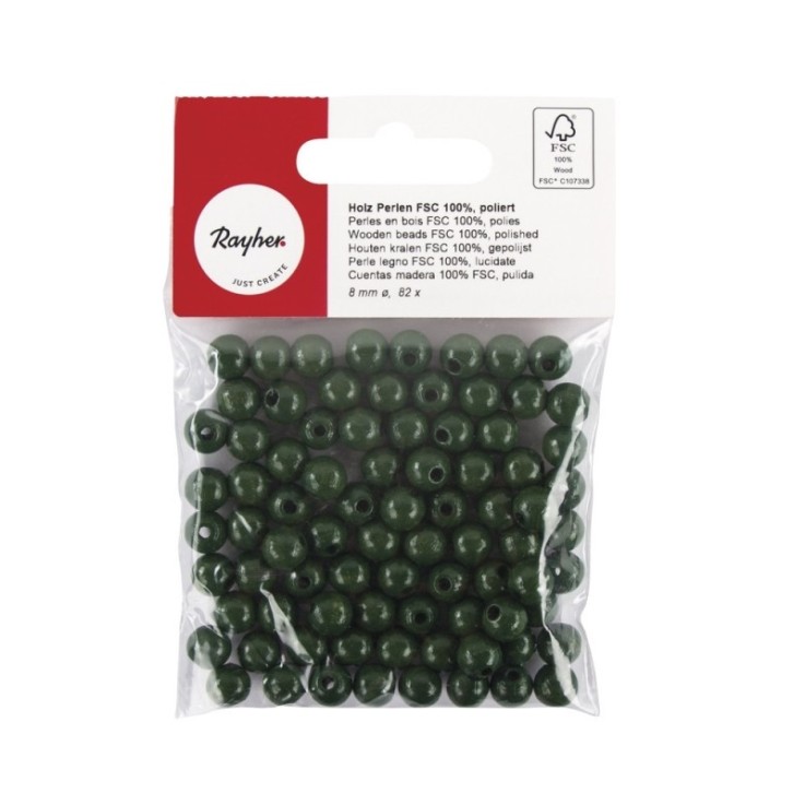 Perles en bois FSC 100%, polies, 8mm 82 pièces , vert moyen