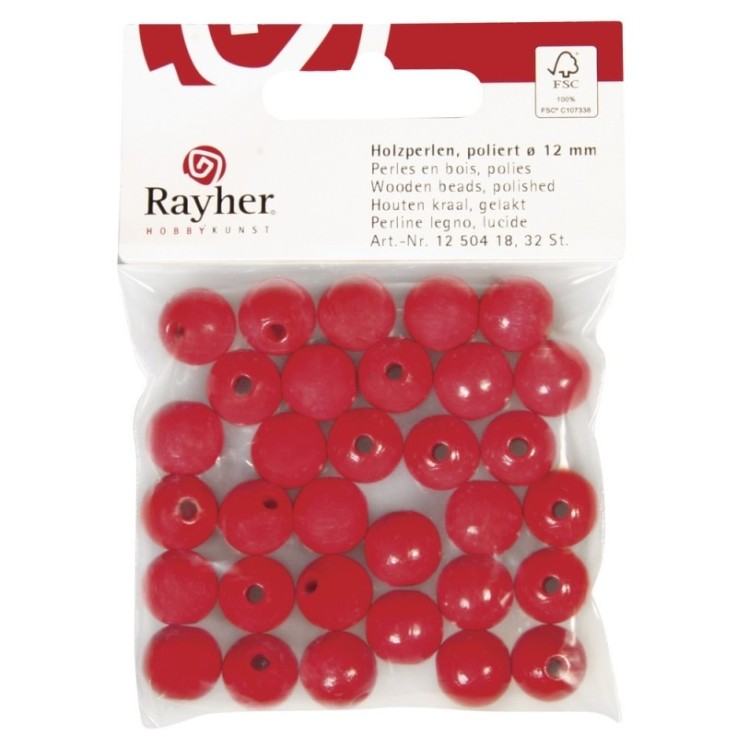Perles en bois FSC 100%, polies, 12mm 32 pièces , rouge