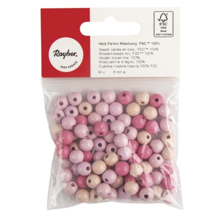 Assort. perles en bois , FSC 100%, 8mm , tons roses, polies, 84 pces