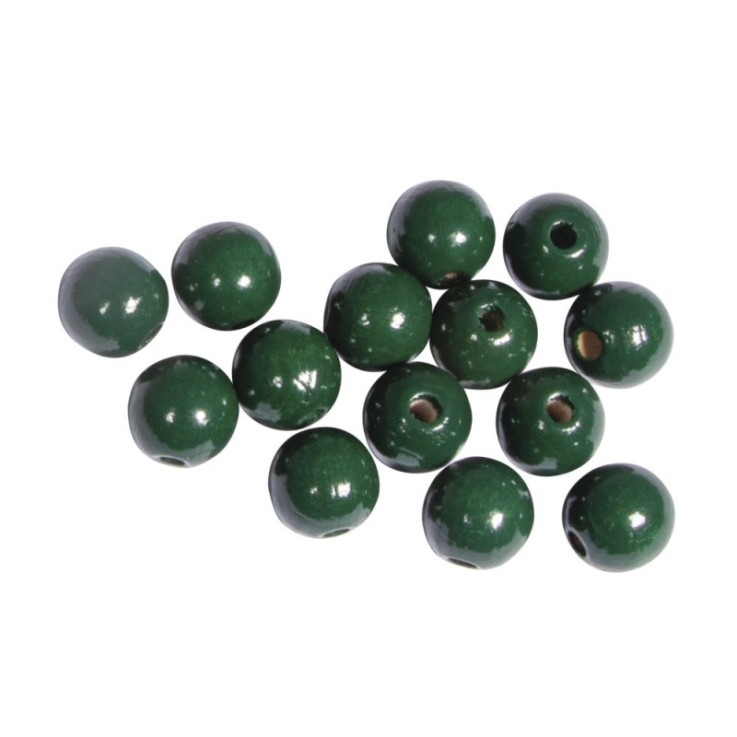 Perles en bois FSC 100%, polies, 10mm ø, vert moyen, 52 pièces