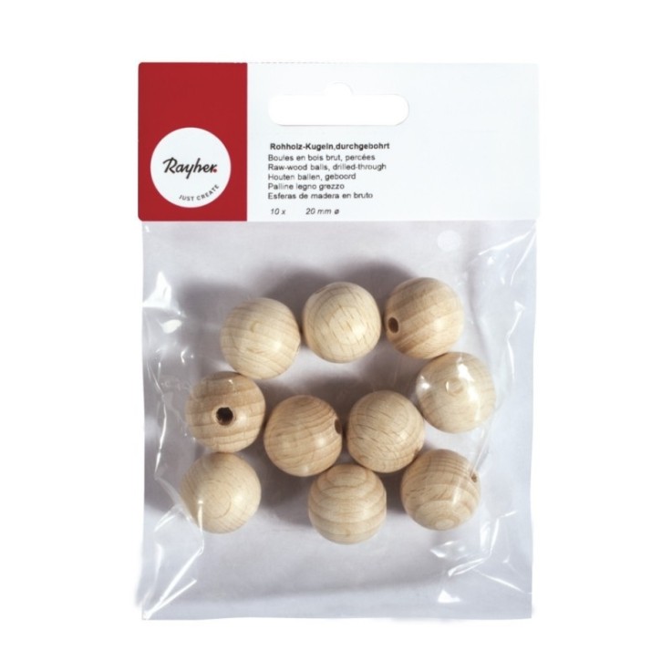 Boules en bois brut, percées,20mm, forage 4mm, 10 pces
