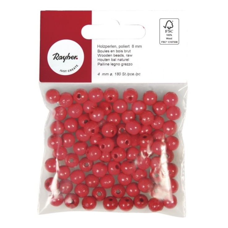 Perles en bois FSC 100%, polies, 8mm 82 pièces , rouge