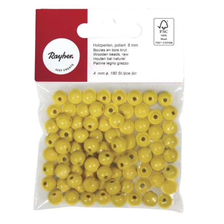 Perles en bois FSC 100%, polies, 8mm 82 pièces , jaune