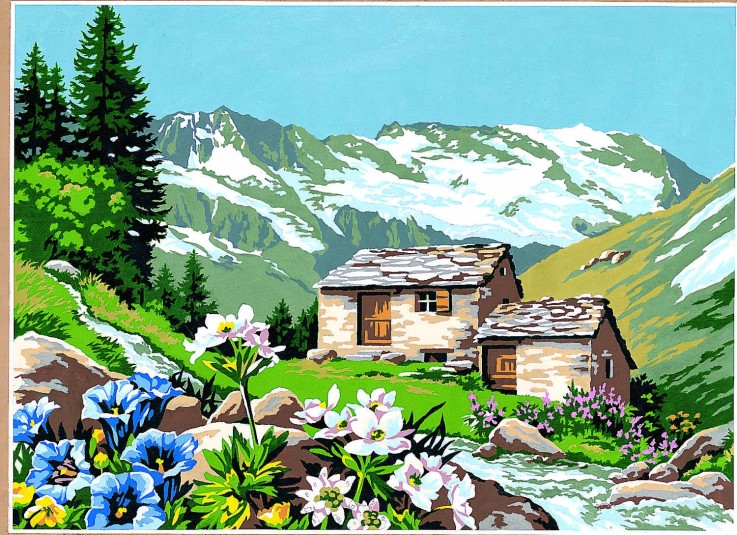 Canevas antique L'alpage fleuri 45x60cm