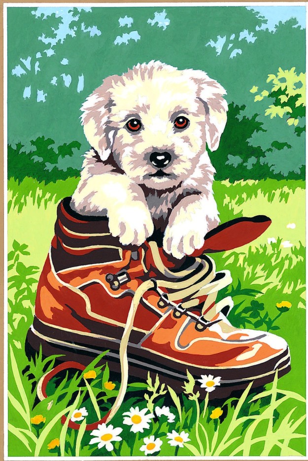 Canevas antique Petit chien dans chaussure 30x40cm