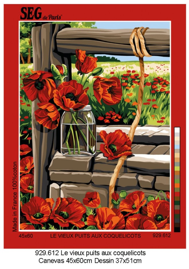 Canevas antique Le vieux puit aux coquelicots 45x60cm