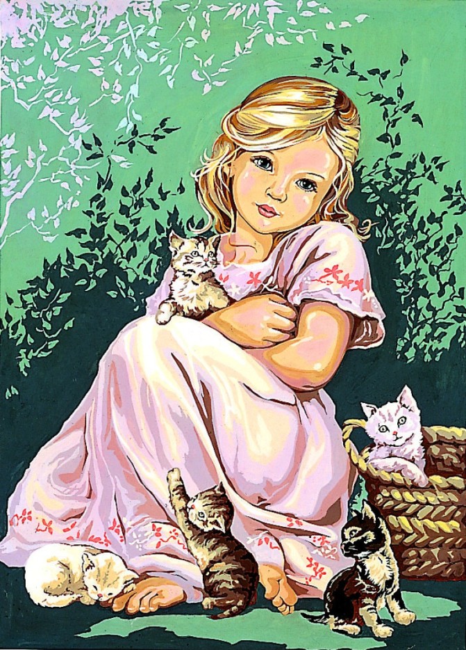 Canevas antique Fillette aux chats 45x60cm