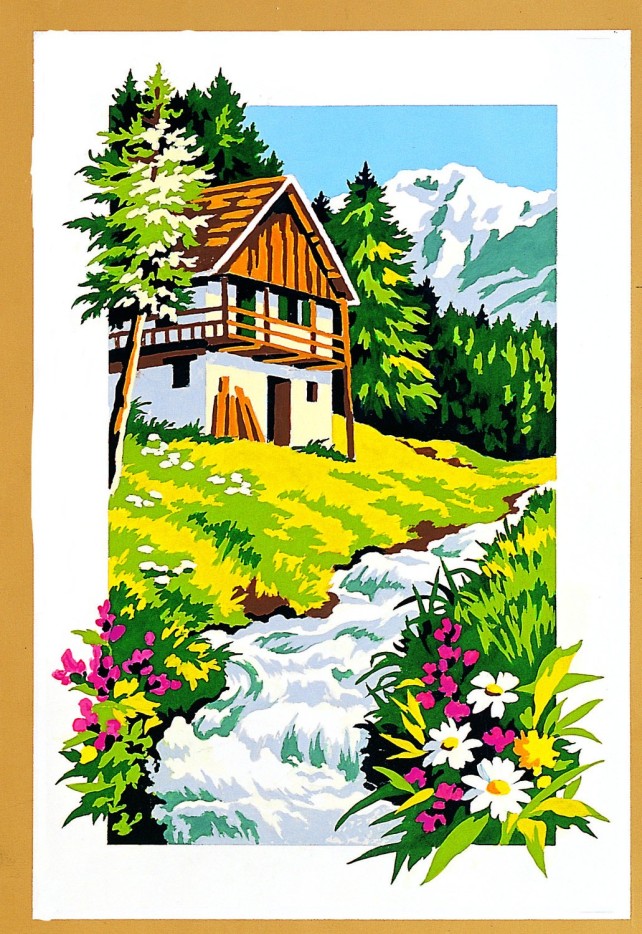 Canevas antique Chalet et torrent 30x40cm